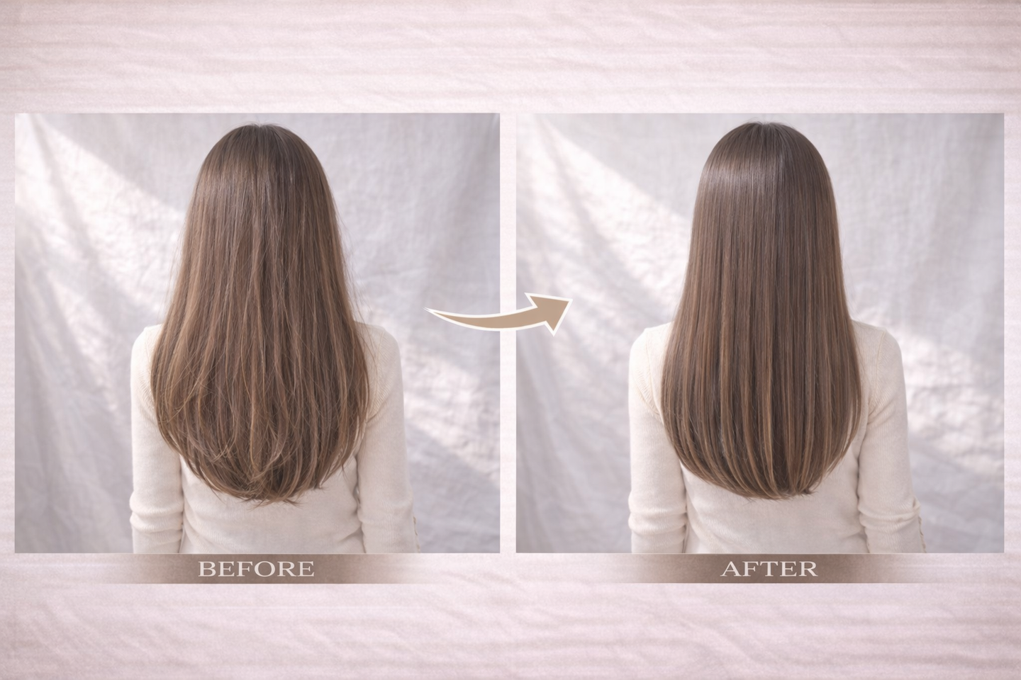 大阪の美容室ENGAROによる髪質改善カラーの後ろ姿ビフォーアフター。パサつきや広がりが改善され、毛先までまとまる自然なツヤ髪へ。